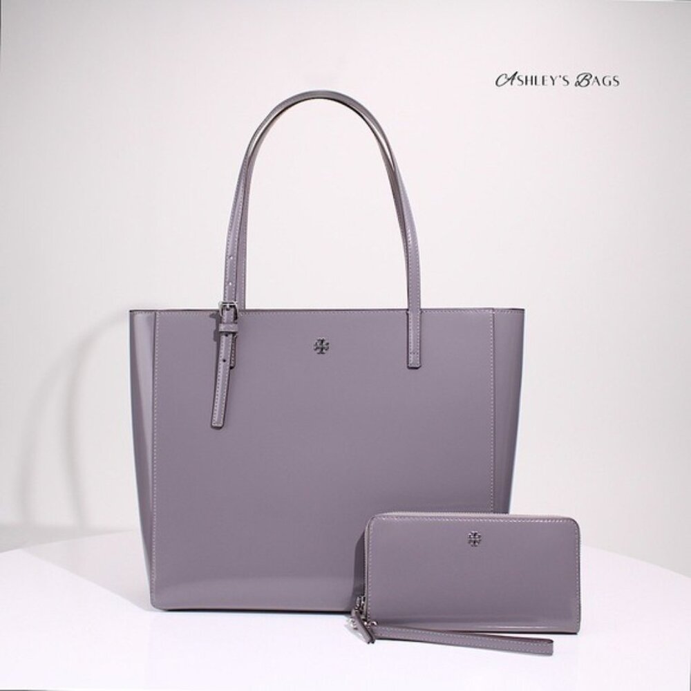 Tory Burch Large Patent Leather Emerson Tote & Continental Wristlet Wallet Grey